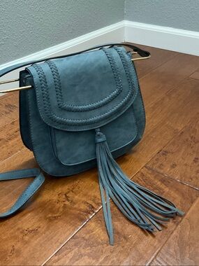 Teal Suede Crossbody Bag with Fringe Accent